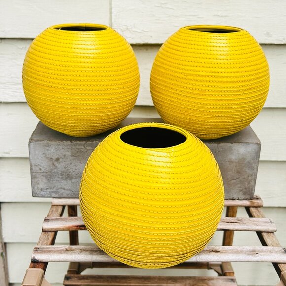 THREE Crate and Barrel Leather Spiral Wrapped Vase 6" Tall/ Wide Mustard Yellow - Picture 4 of 11